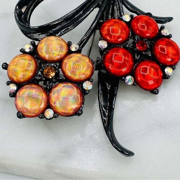 Retro Flower Brooch Pin with Red & Amber Holograph Gems Japanned Metal Statment - Picture 3 of 11